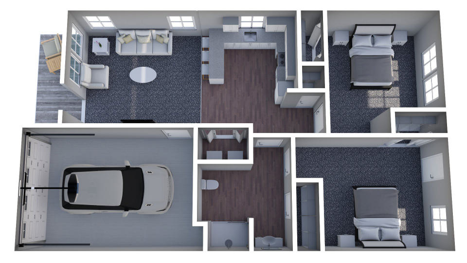 Furnished render, Two Bedroom, One Bath