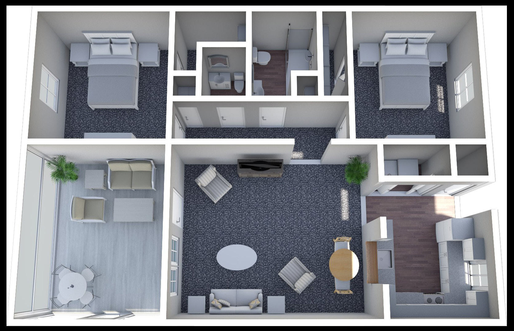 Furnished render, Two Bedroom, One and a Half Bath