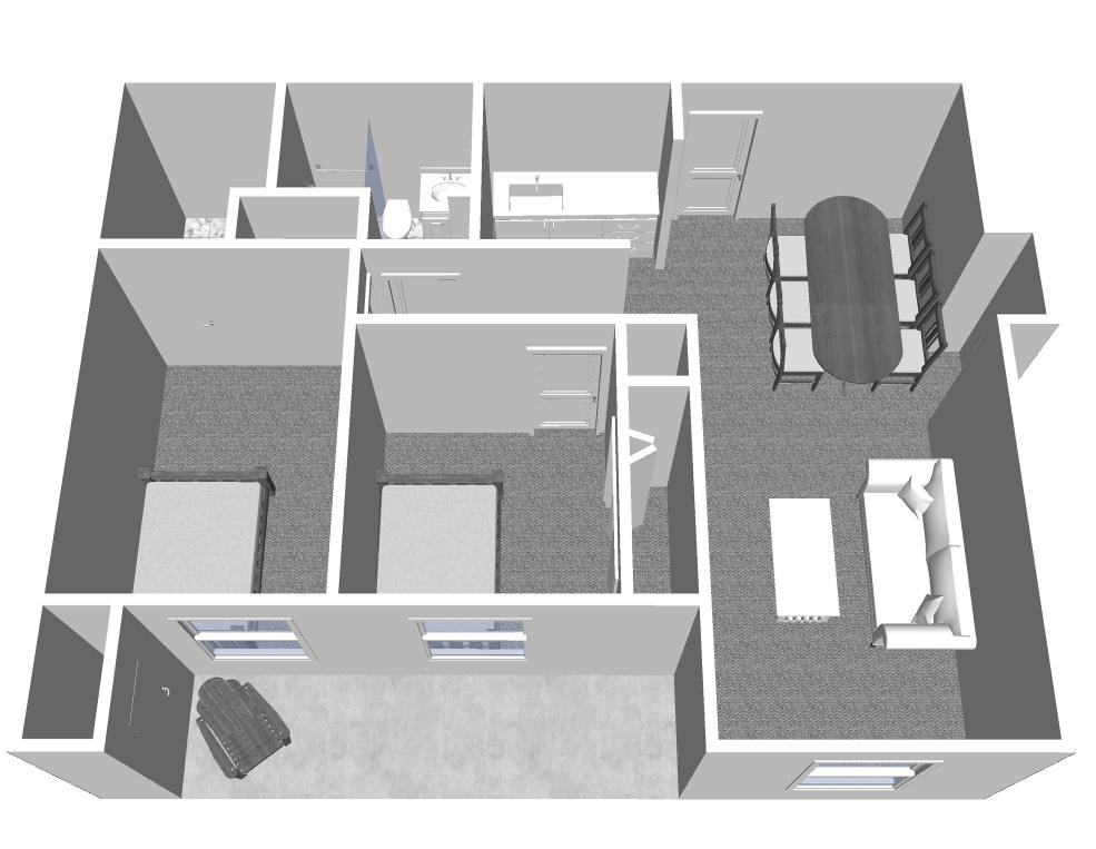 Furnished render, Two Bedroom, One Bath