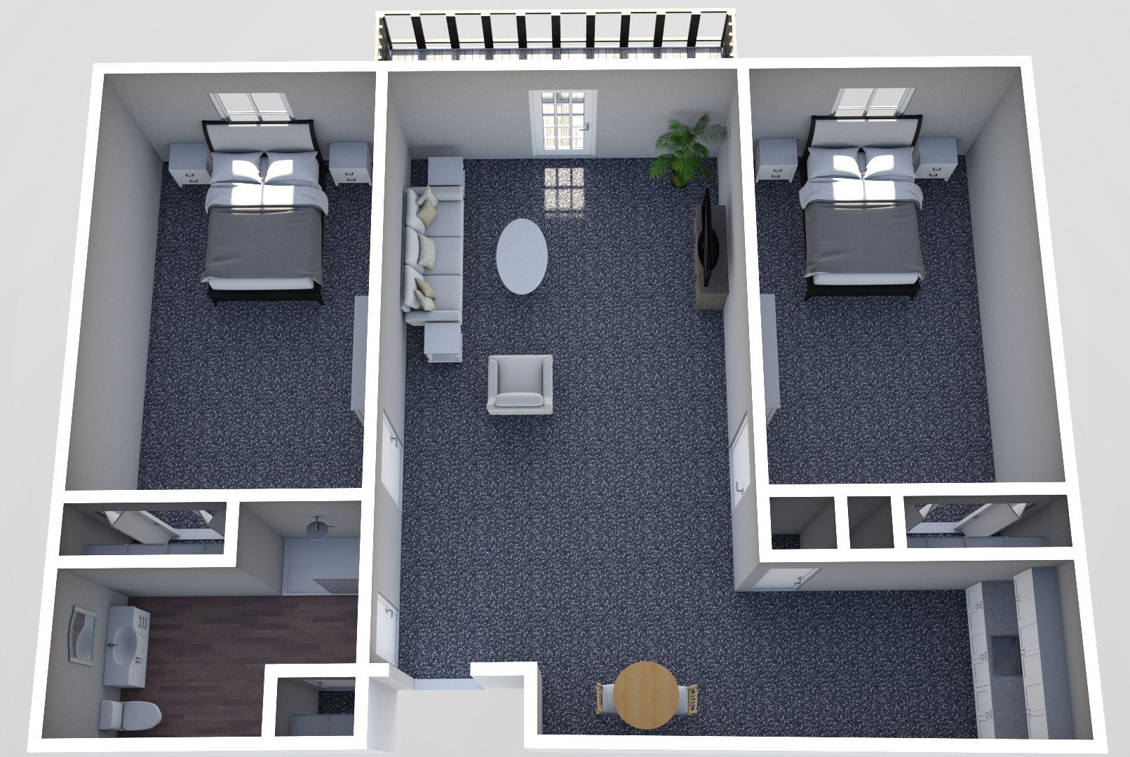 Furnished render, Two Bedroom, One Bath