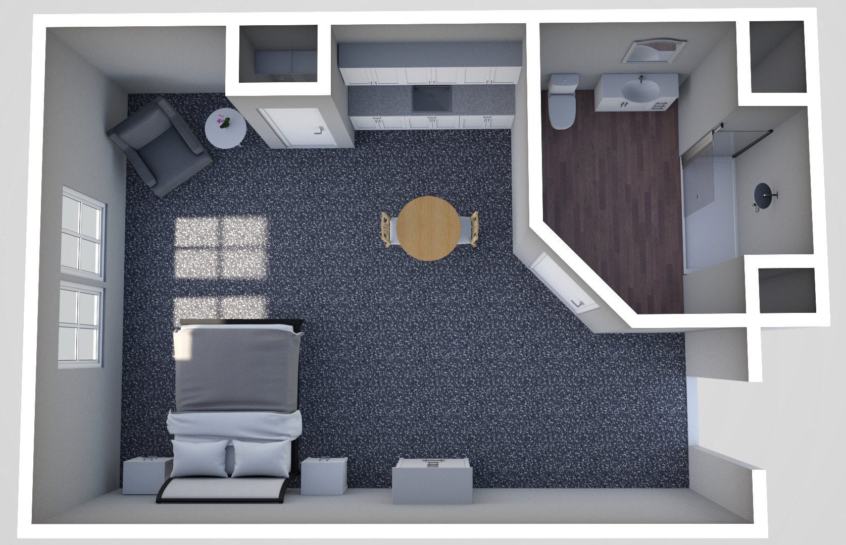 Furnished render, Large Studio