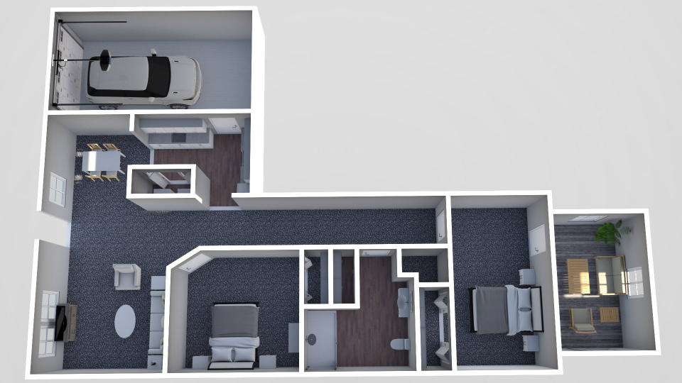 Furnished render, Two Bedroom, One Bath