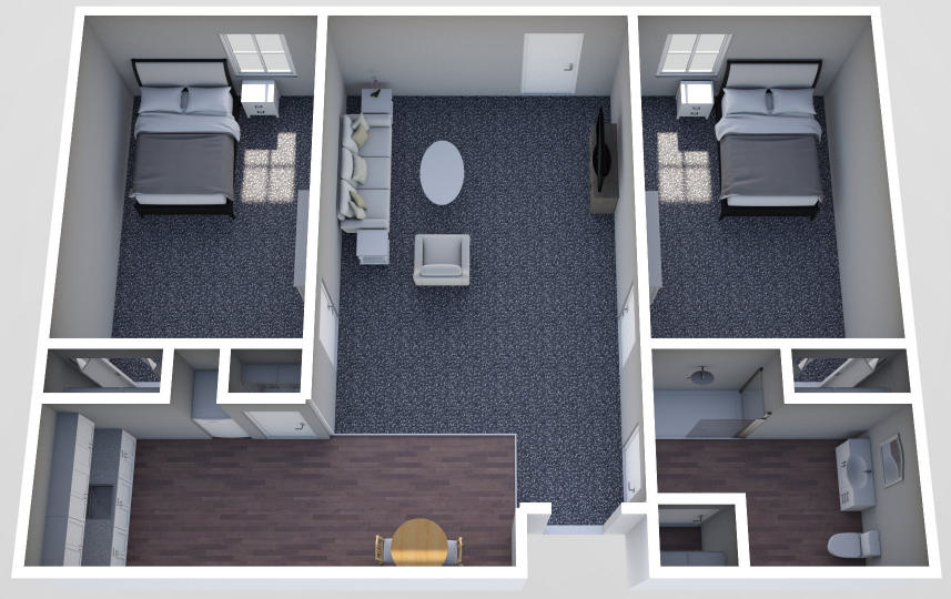 Furnished render, Two Bedroom, One Bath