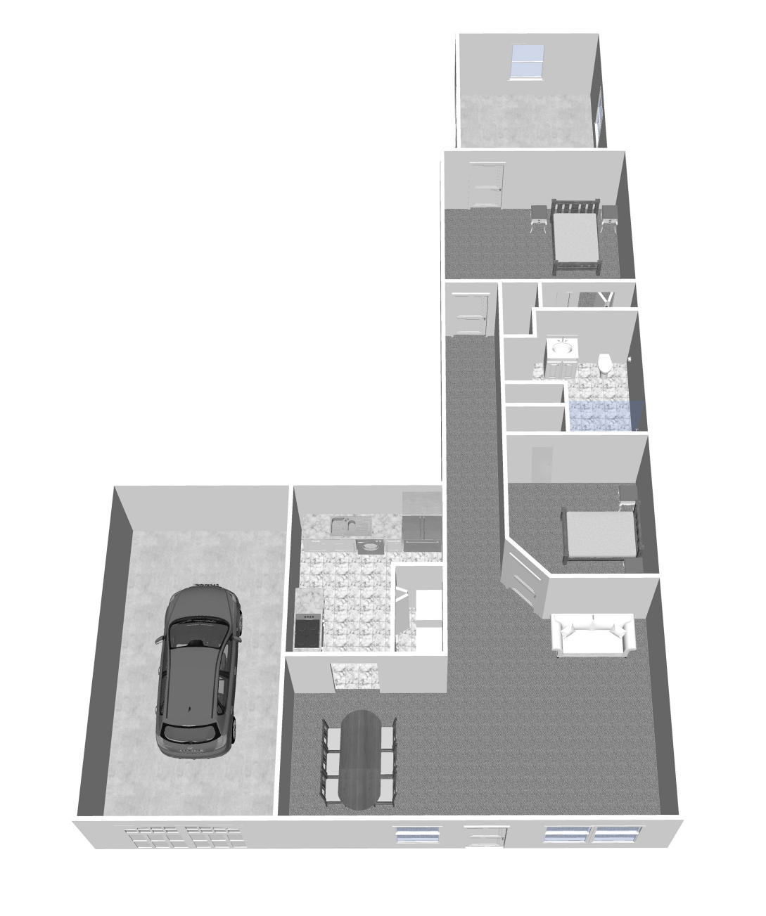 Furnished render, One Bedroom, One Bath Plus