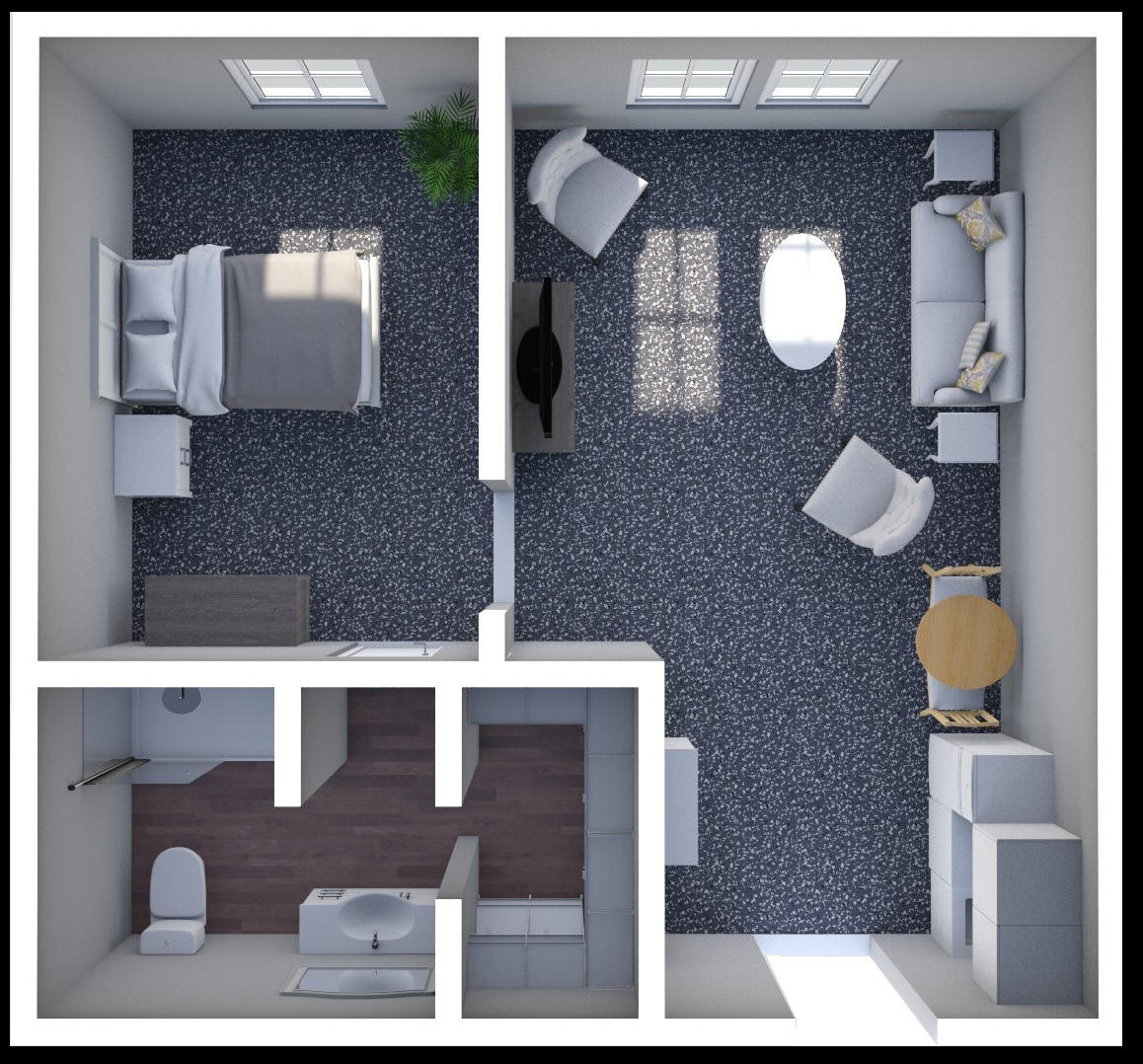 Furnished render, Deluxe One Bedroom, One Bath