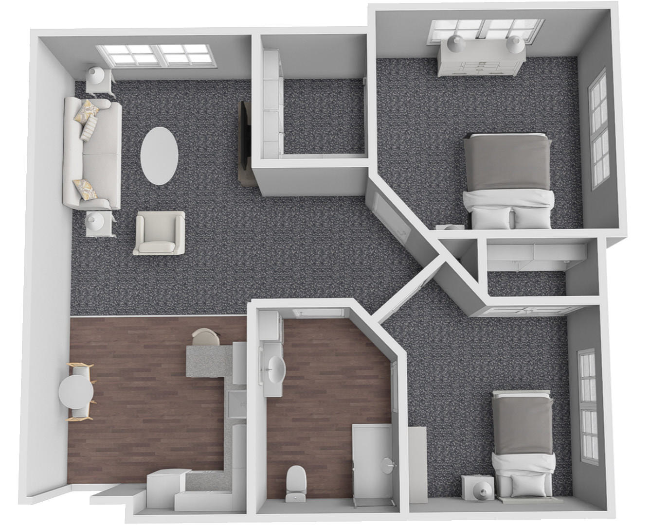 Furnished render, Two Bedroom, One Bath