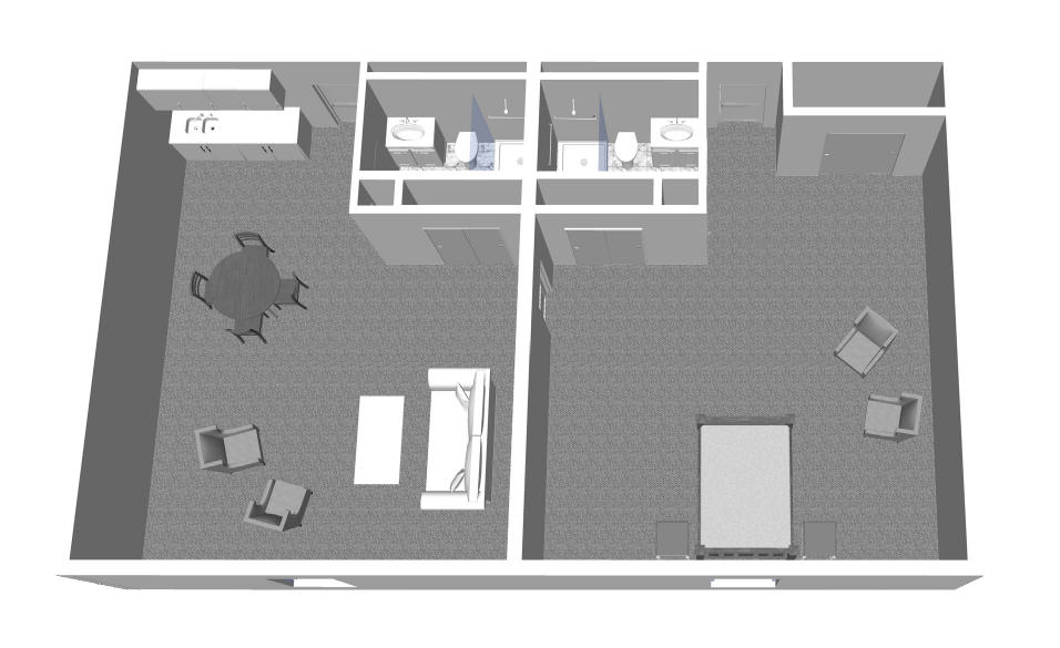 Furnished render, One Bedroom, Two Bath Suite